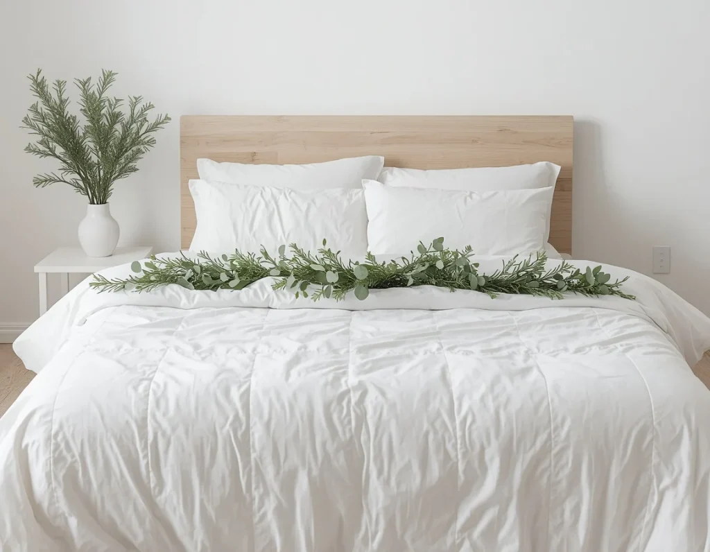 White duvet and pillows on a light oak headboard bed with a long eucalyptus and rosemary garland laid across the top