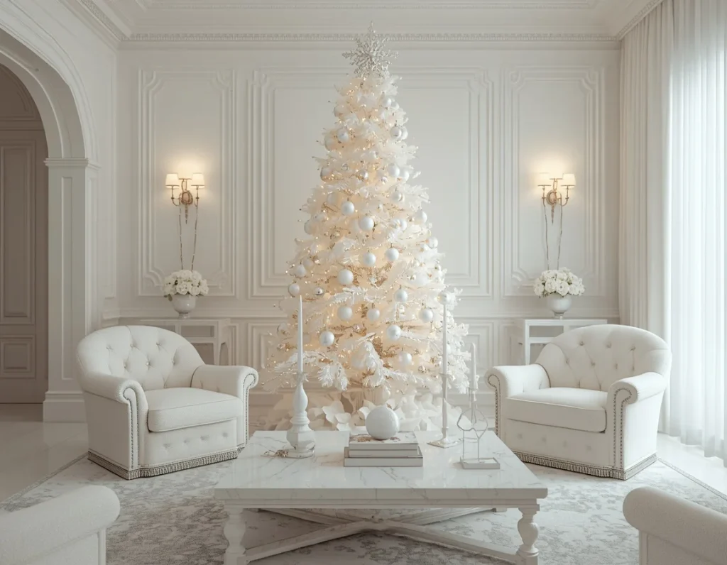 All-white Christmas tree with white and silver ornaments and a snowflake topper in a white paneled living room with tufted armchairs