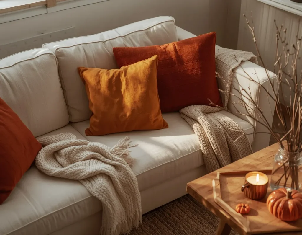 Cream sofa with rust and mustard linen pillows, cream knit throws, and a wooden tray with a lit candle and small pumpkins in soft sun