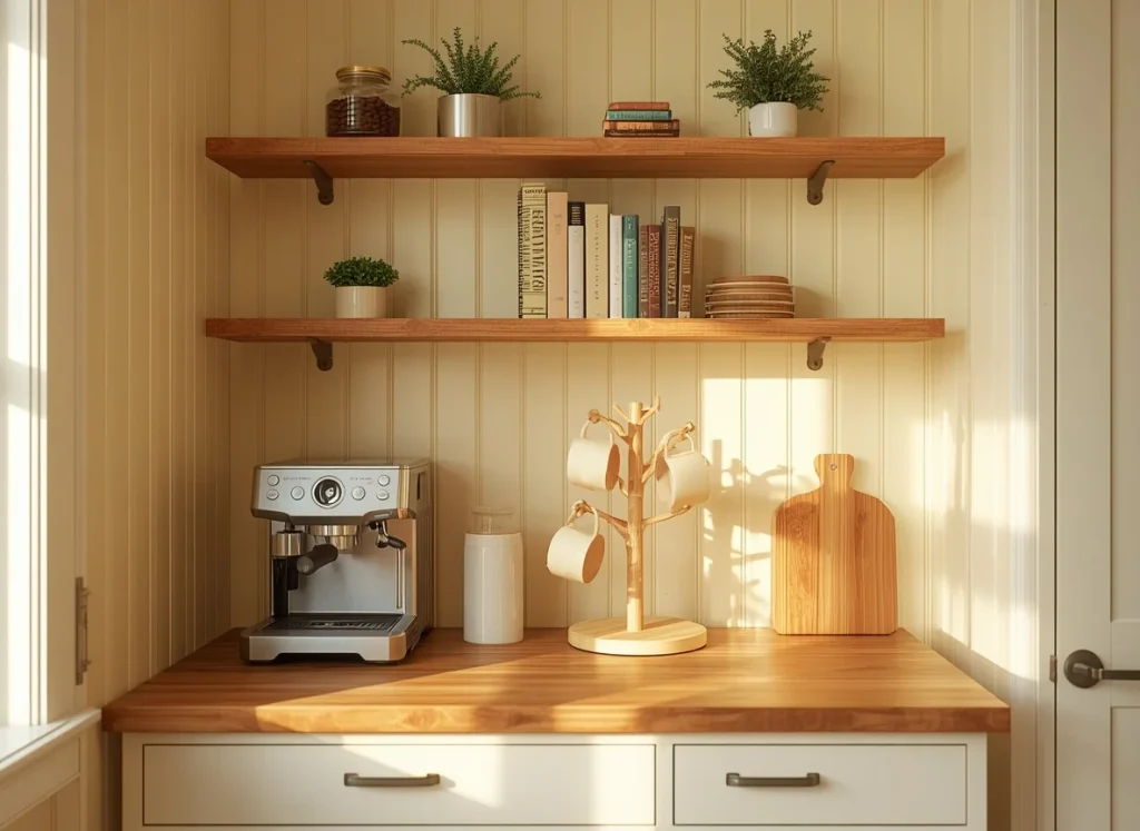 Butter yellow beadboard kitchen coffee nook with an espresso machine, wooden mug tree, cream mugs, and floating wood shelves