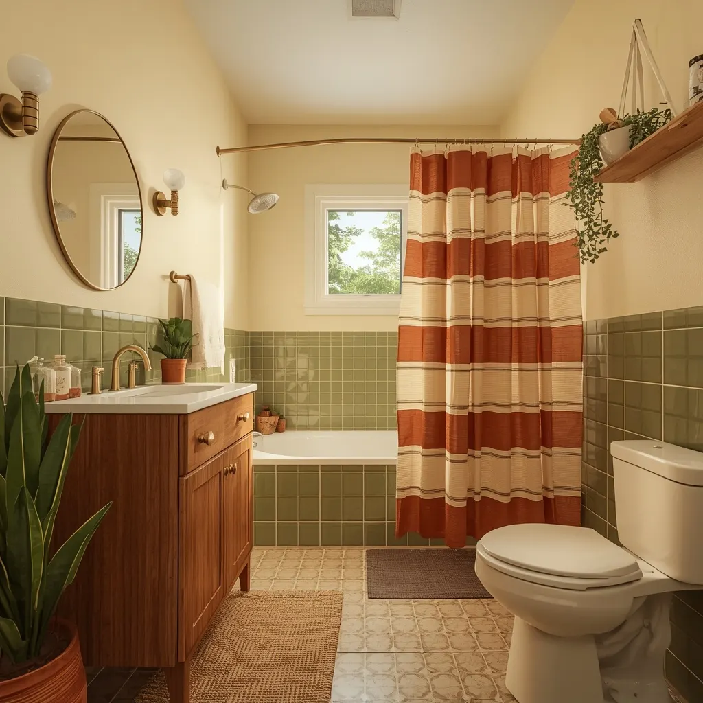  Olive green square tile with a walnut vanity, a brass faucet, a round brass mirror, globe sconces, and a rust and cream striped shower curtain