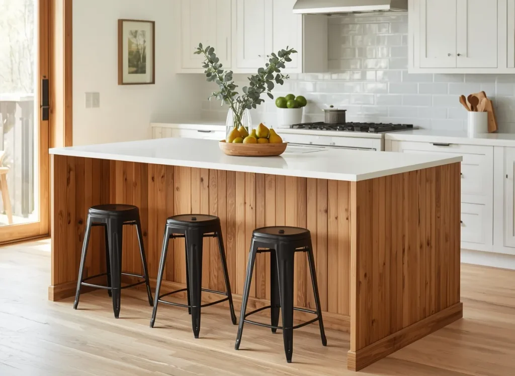 Warm natural wood beadboard island with a white quartz top, black metal stools, and a wooden bowl of pears in a bright white farmhouse kitchen