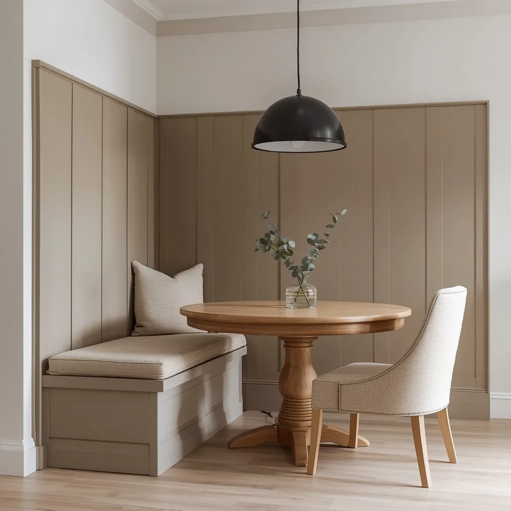 Taupe board and batten wainscoting wrapping a dining nook with a built in bench, a round oak pedestal table, and a black dome pendant