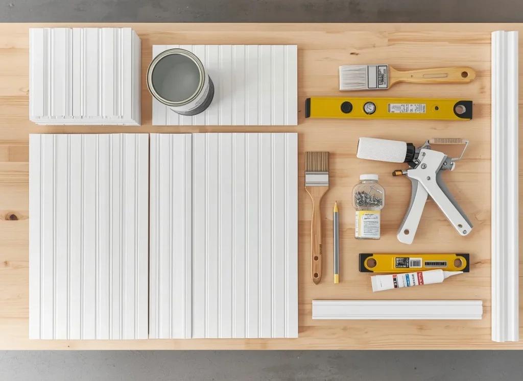Beadboard kitchen ideas supplies with white beadboard panels, an open can of paint, paint brushes, a level, a jar of nails, a caulk gun, and trim molding on a wood workbench