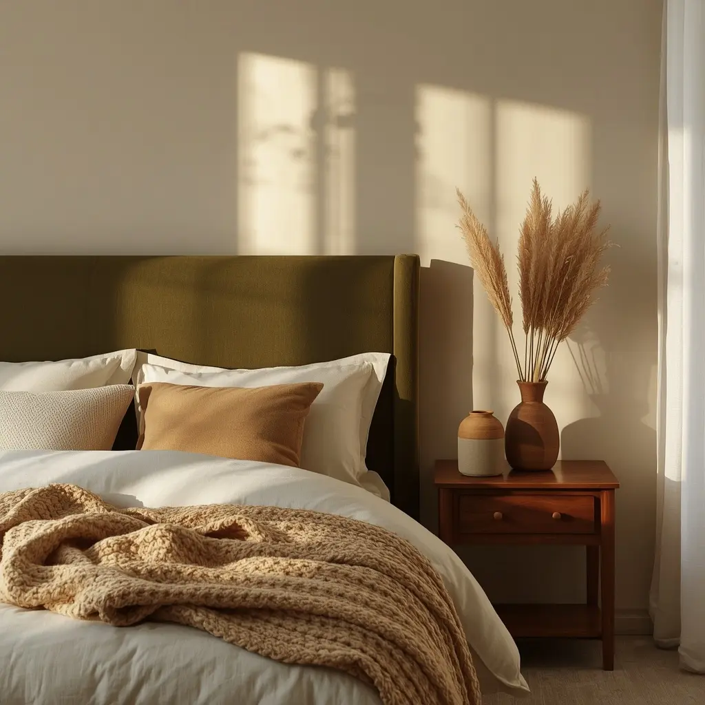 Cozy bedroom with olive green headboard, cream bedding and pampas grass