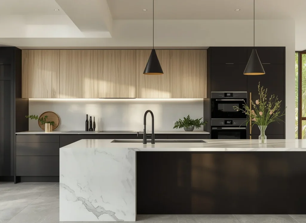 Modern two-tone kitchen cabinets with black lower and tall cabinets, light wood upper cabinets with LED lighting, and a white marble waterfall island