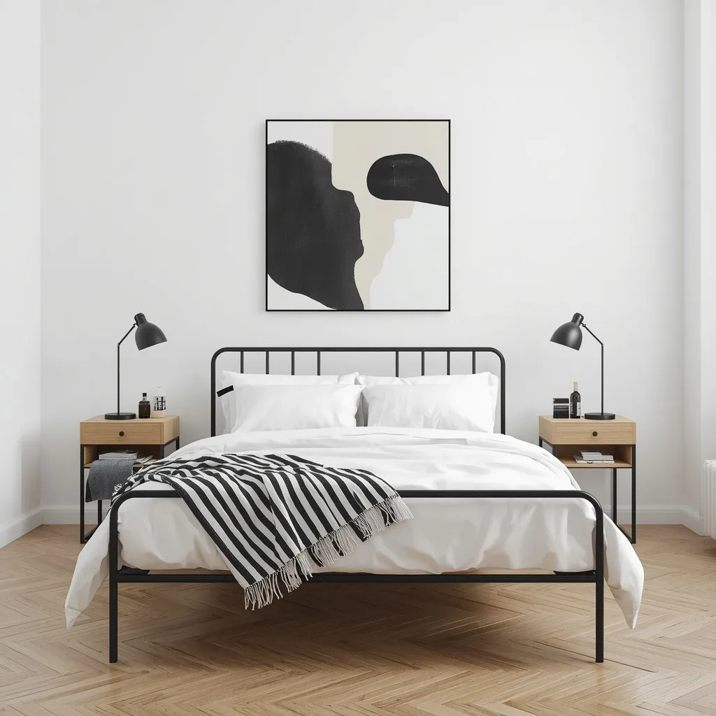 Black metal spindle bed with white bedding and a black and white striped throw below a black and cream abstract canvas, with oak nightstands