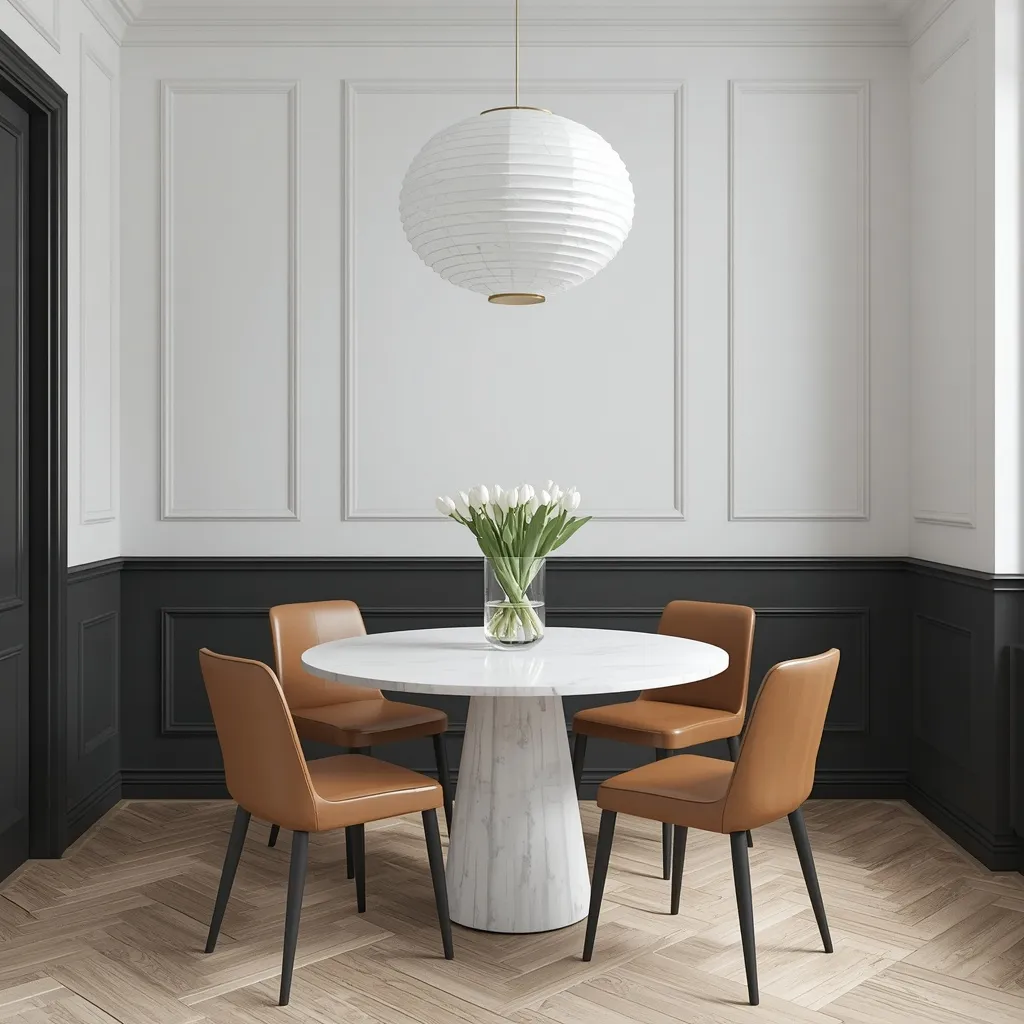 Charcoal lower wainscoting with tall white picture frame molding above, a white marble pedestal table, and cognac leather dining chairs