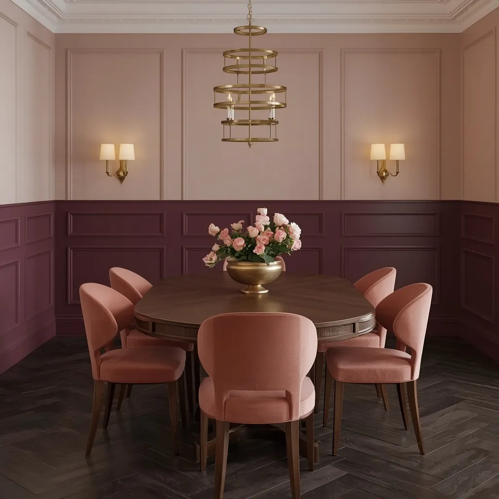 Plum recessed panel wainscoting below blush picture frame molding, with coral velvet chairs around an oval walnut table and a brass chandelier