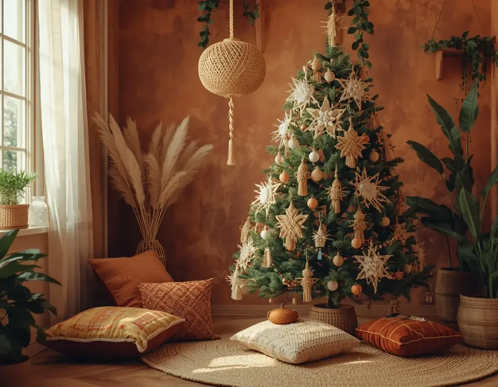 Boho Christmas tree decorated with straw star ornaments, tassels, and peach balls in a terracotta room with pampas grass and floor cushions