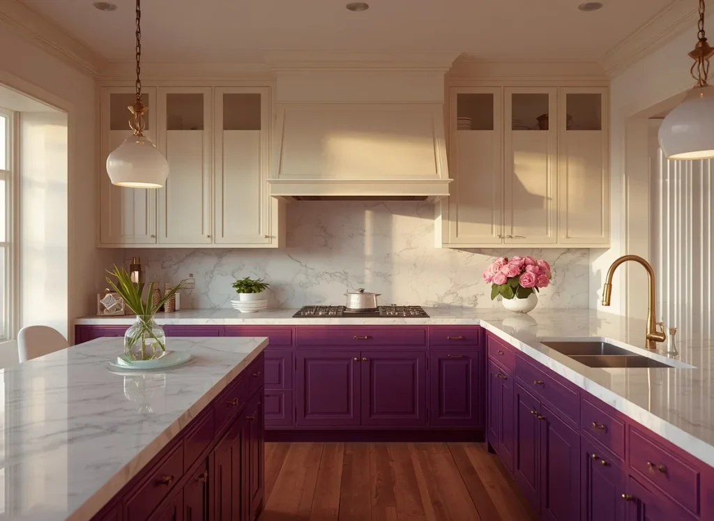 Two-tone kitchen cabinets with deep plum purple lower cabinets and island, cream upper cabinets, a marble backsplash, and a brass faucet