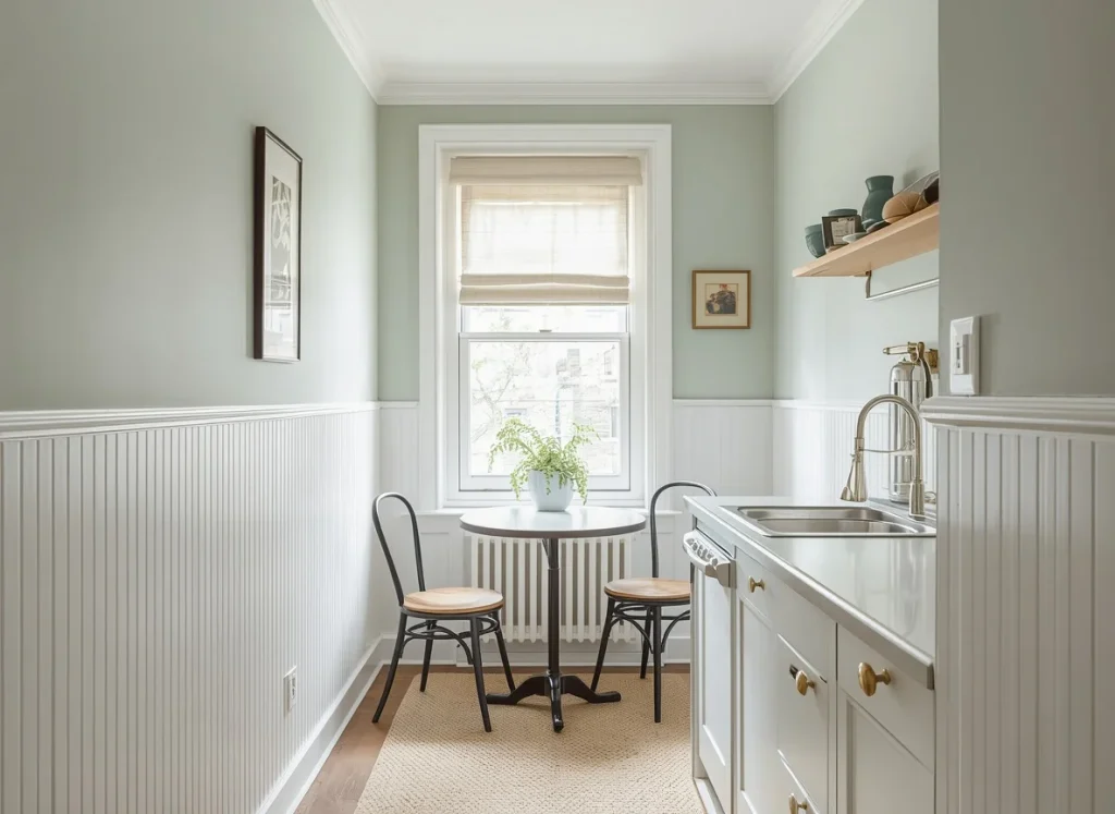 White beadboard wainscoting with a chair rail and sage green walls in a small galley kitchen with a bistro table and two bentwood chairs
