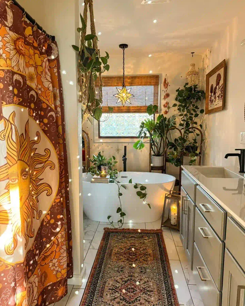 Boho bathroom with an orange sun print shower curtain, a freestanding tub surrounded by plants, a star pendant light, and a vintage runner rug