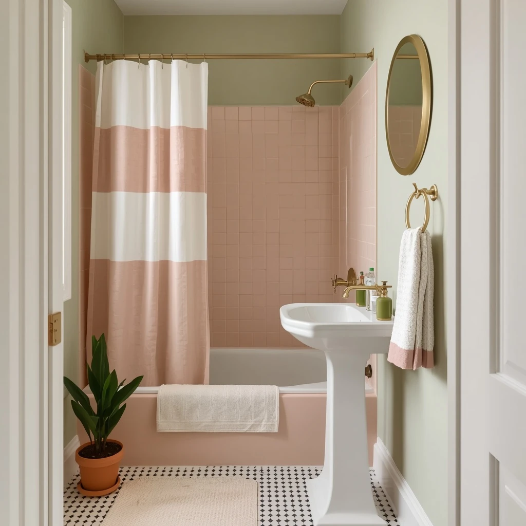 Small vintage bathroom with pastel pink tile, a sage green wall, a round brass mirror, a pedestal sink, and a pink striped shower curtain