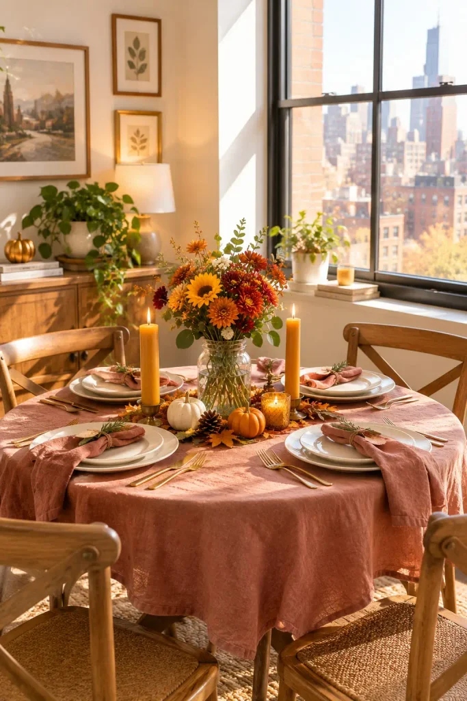 Small round table with dusty rose napkins, mustard candles and a mason jar of fall flowers