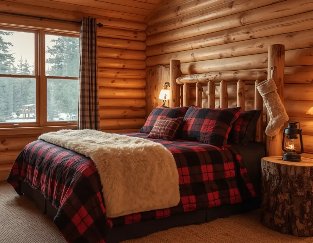 Red and black buffalo check bedding with a cream faux fur throw on a log bed, a knit stocking on the bedpost, and a lantern on a tree stump