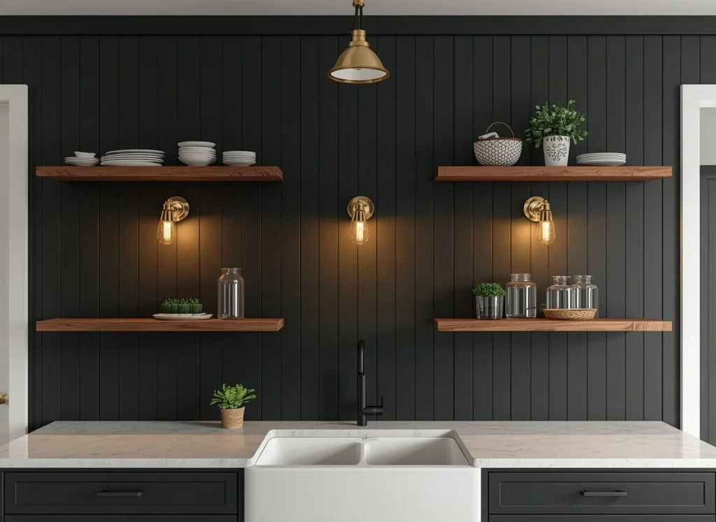 Matte black beadboard wall with walnut floating shelves, white plates, glass jars, plants, and glowing brass sconces above a white farmhouse sink