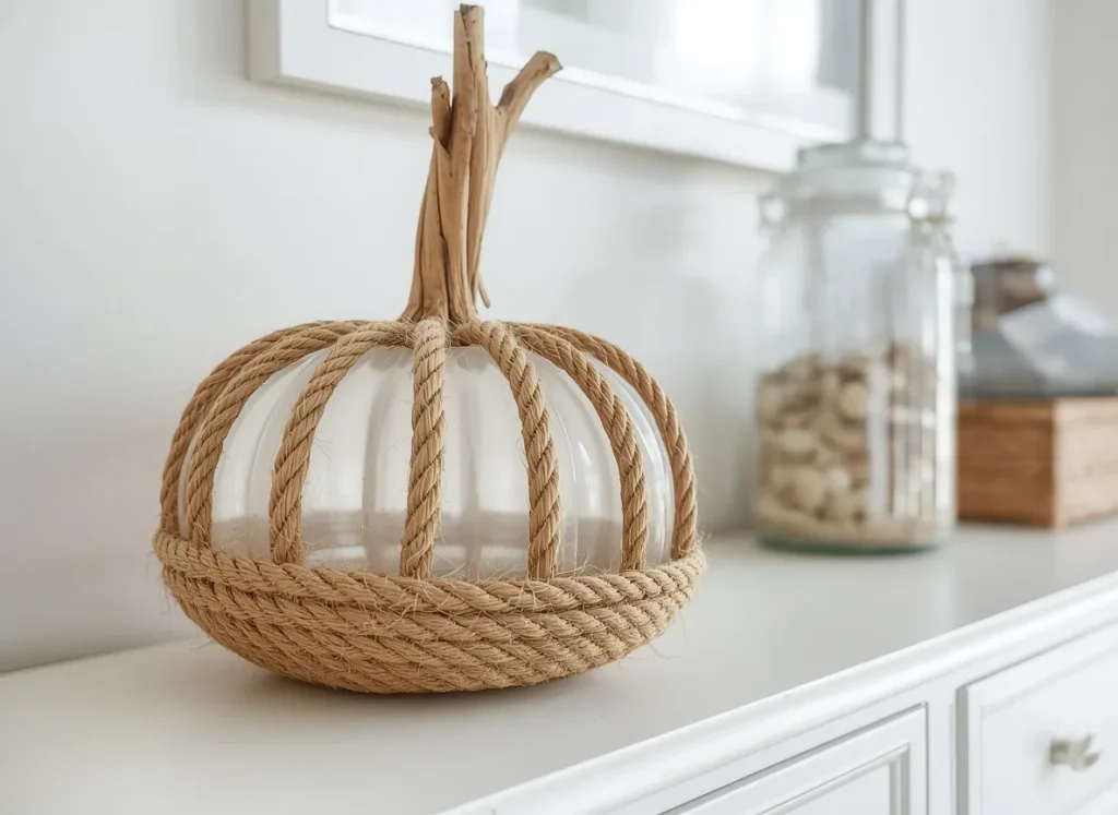 Clear pumpkin wrapped in a cage of thick jute rope with a driftwood stem on a white dresser beside a glass jar of shells