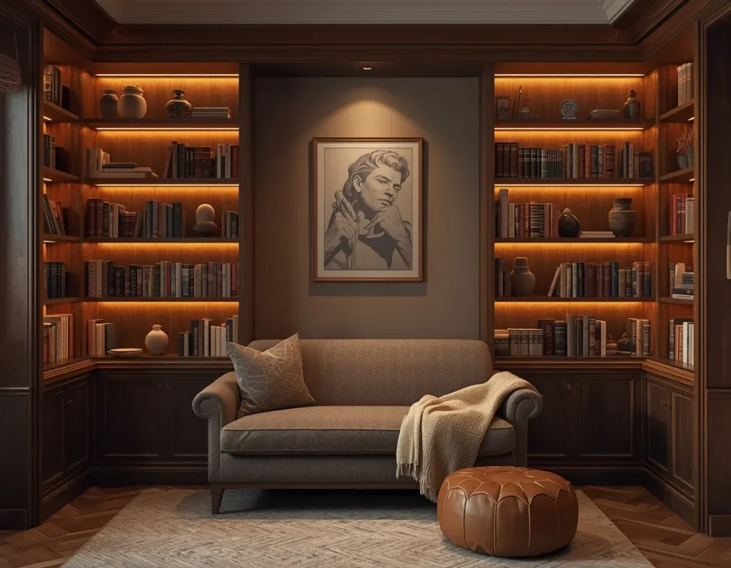Library-style sitting room with lit walnut bookshelves on both sides of a taupe sofa, a cream throw, and a leather pouf on a soft rug