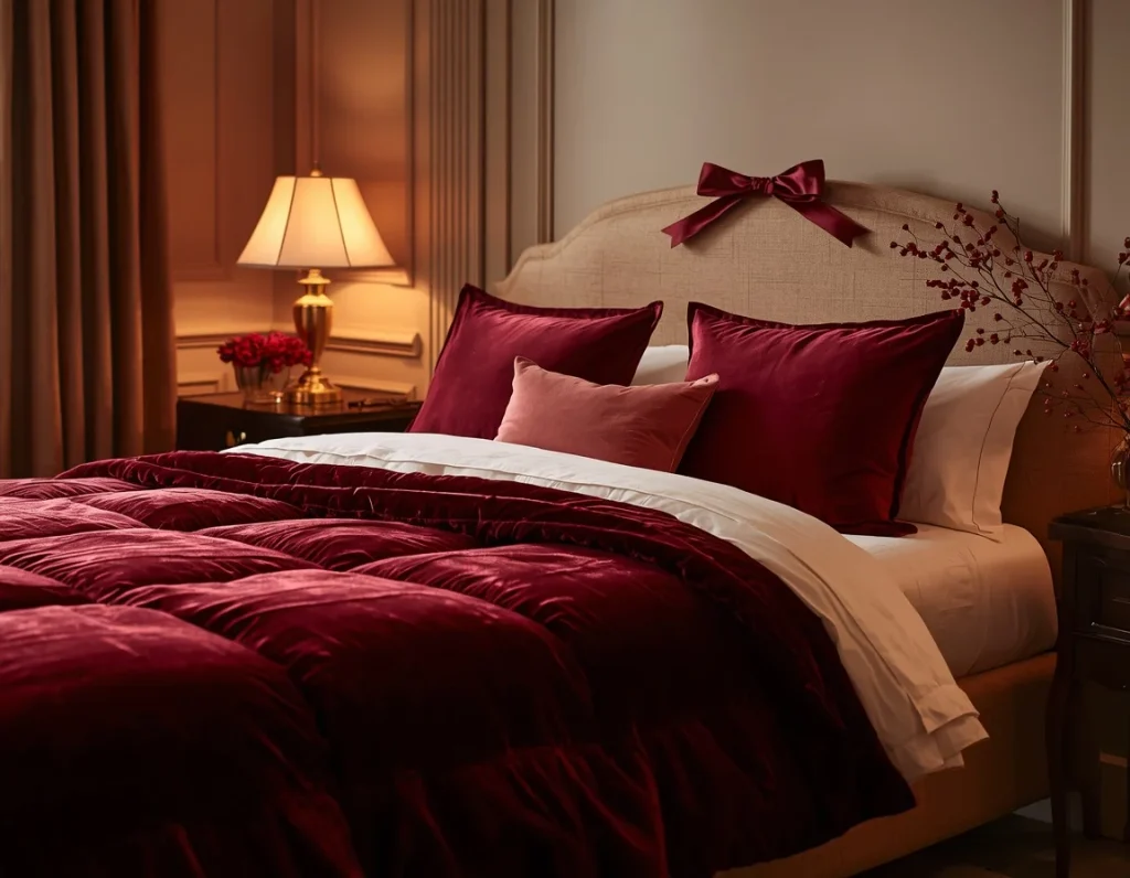 Deep burgundy velvet quilt with matching velvet pillows, cream sheets, and a burgundy satin bow on a linen headboard in warm lamp light