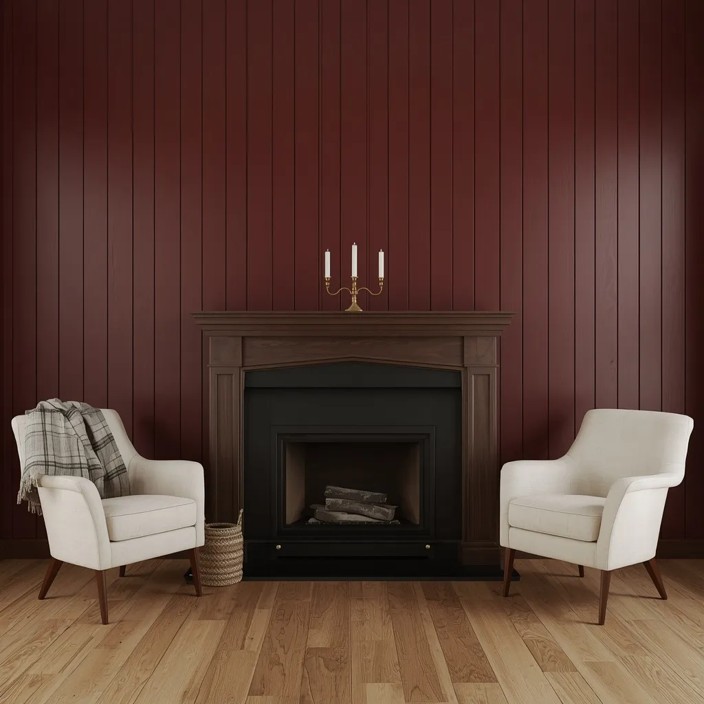  Burgundy vertical shiplap covering a fireplace wall with a dark walnut mantel, a brass candelabra, and two cream armchairs on an oak floor