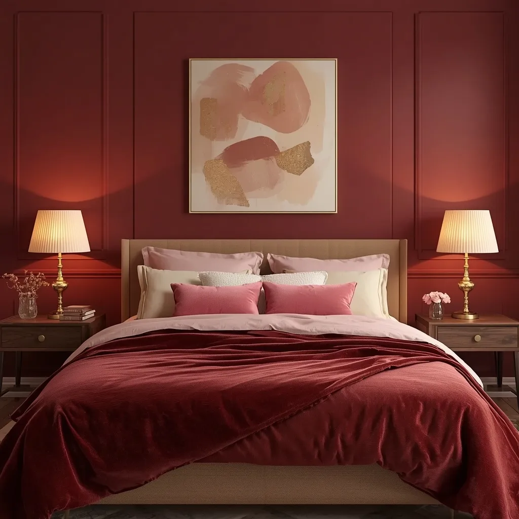  Adult bedroom ideas with burgundy paneled walls, a blush and burgundy velvet bed, brass lamps with pleated shades, and an abstract pink and gold canvas