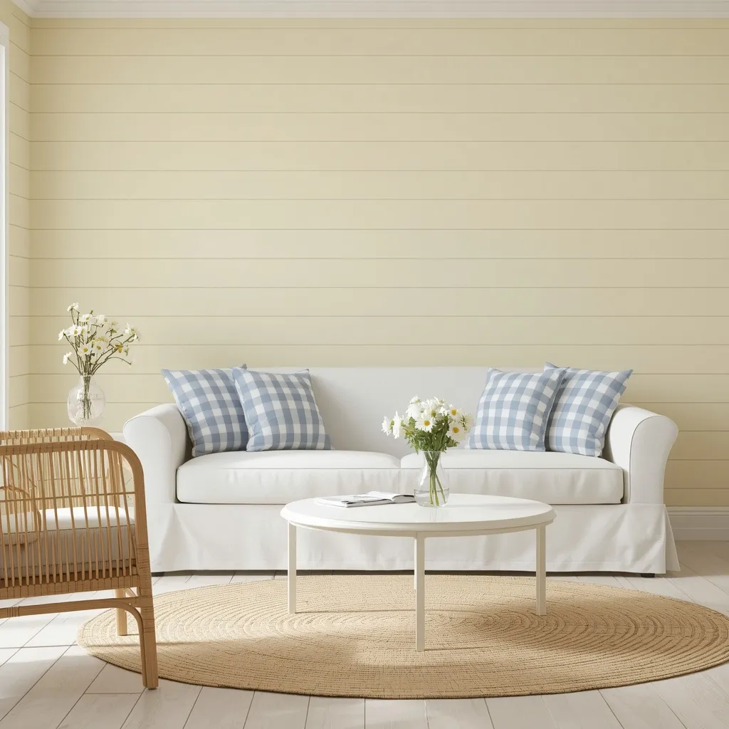 Butter yellow horizontal shiplap behind a white slipcovered sofa with blue gingham pillows, a rattan armchair, and a round jute rug