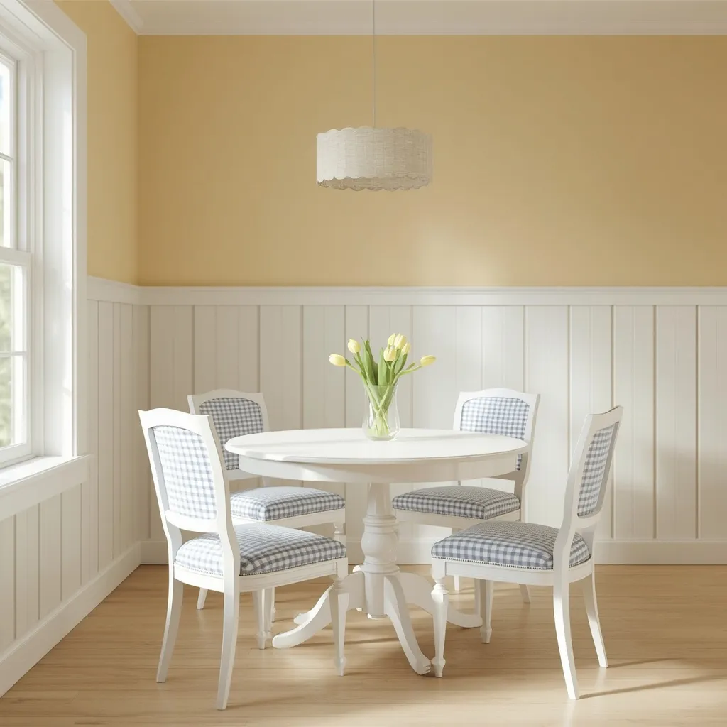 White board and batten wainscoting under butter yellow walls in a sunny dining nook with blue gingham chairs and a round white table