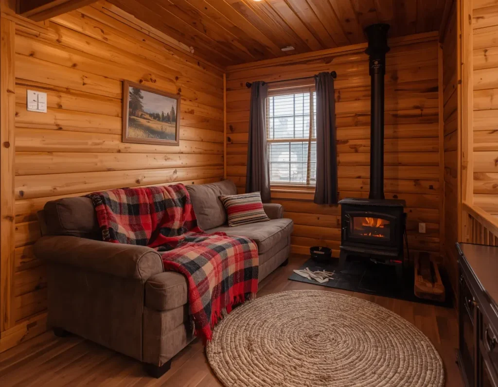 Knotty pine paneled cabin room with a brown sofa, a red plaid throw, a black wood stove with a fire, and a round braided rug