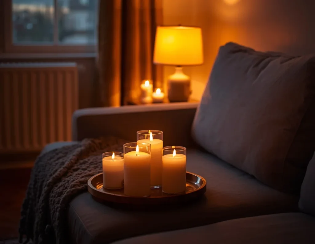 Four glowing pillar candles in glass holders on a round wooden tray resting on a gray sofa at dusk