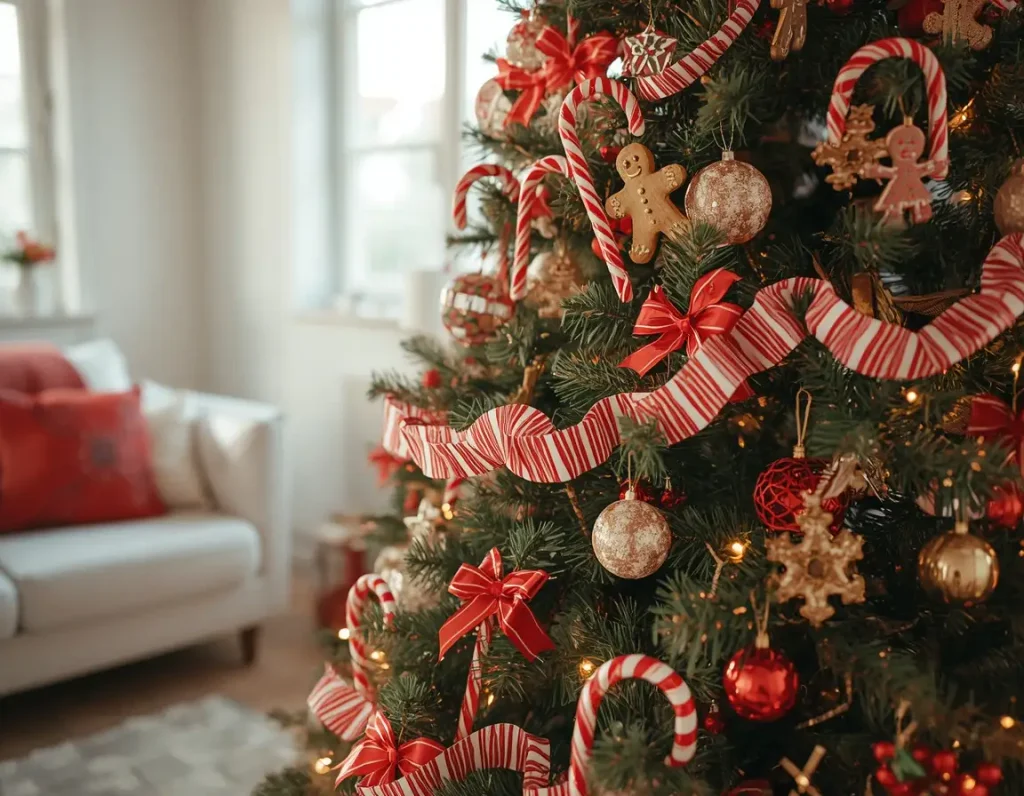 Candy cane Christmas tree with gingerbread ornaments, red and white striped ribbon, and red bows in a bright white living room