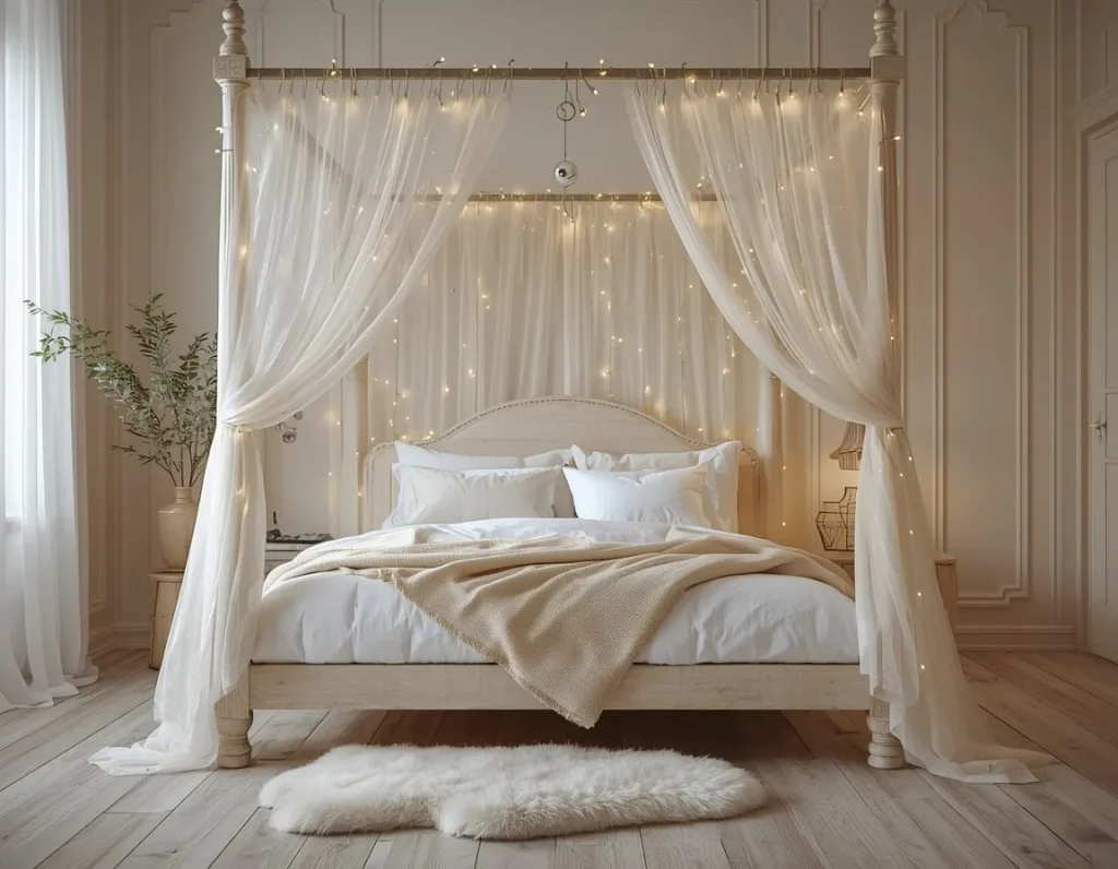 White canopy bed draped in sheer curtains with warm fairy lights, white bedding, a beige knit throw, and a white sheepskin rug