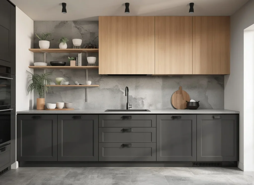 Two-tone kitchen cabinets with charcoal grey shaker lowers, light wood flat upper cabinets, a concrete look backsplash, and open wood shelves