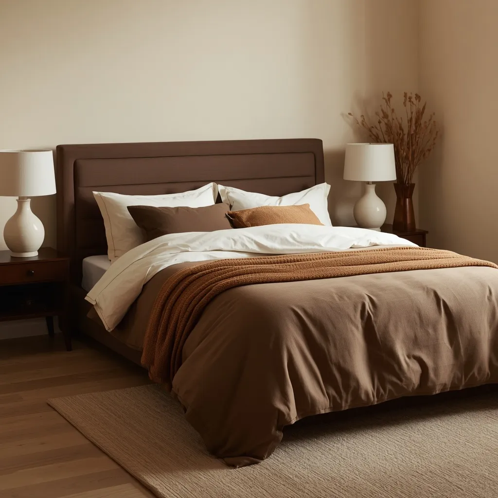 Bed with a chocolate brown channel headboard, a mocha duvet, cream sheets, a caramel knit throw, and cream ceramic lamps on dark wood nightstands
