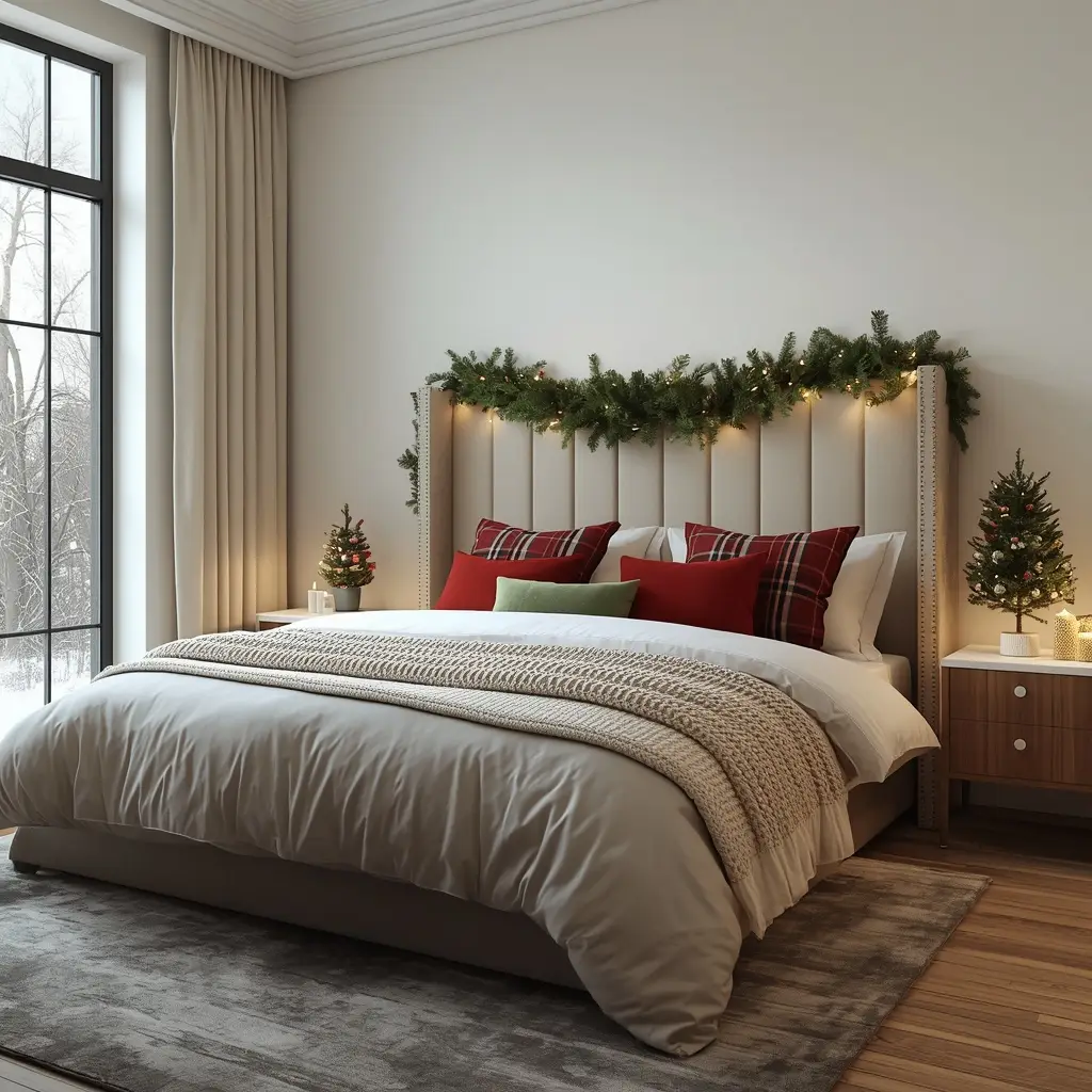 Cozy bedroom with a red and cream plaid duvet, velvet pillows, a lit pine garland over the headboard, and a mini Christmas tree by a snowy window