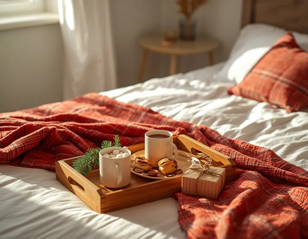 Wooden tray with hot cocoa with marshmallows, coffee, cookies, a pine sprig, and a small wrapped gift on a bed with a red plaid blanket