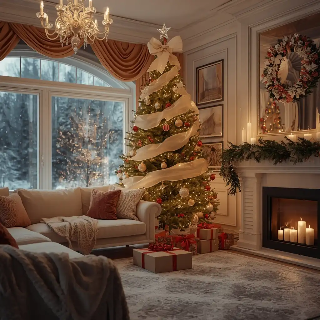 Living room with a tall Christmas tree with champagne satin bows and gold ornaments beside a white fireplace and a cream sofa at evening