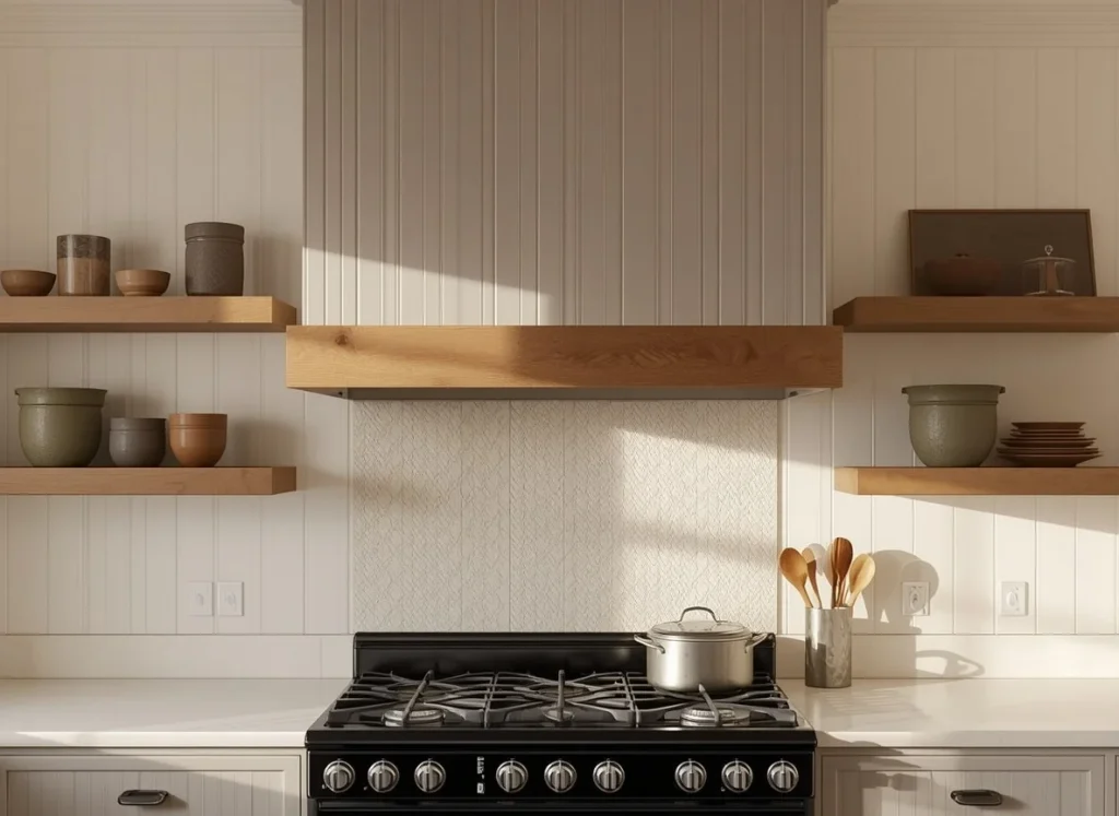 Mushroom gray beadboard range hood with an oak ledge above a black range, framed by white beadboard walls and open wood shelves in a farmhouse kitchen