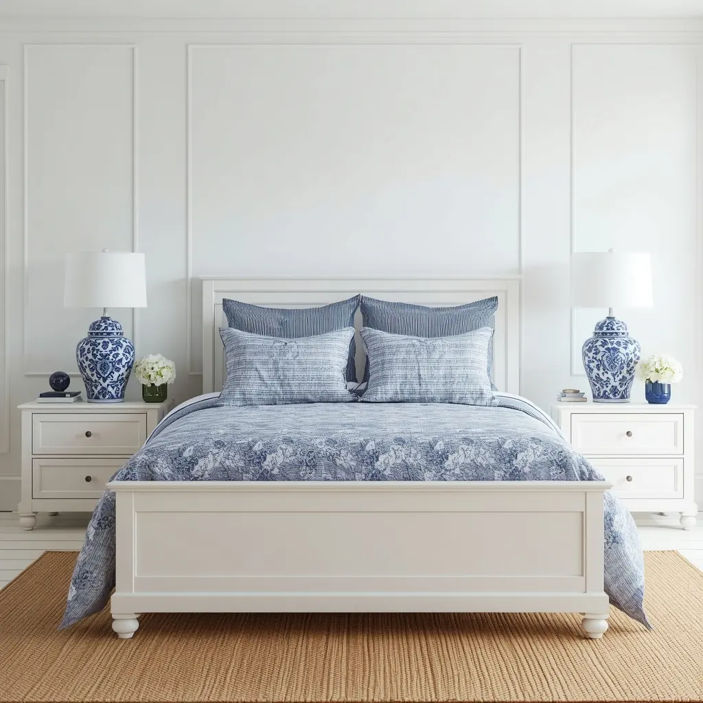 White bed with a blue floral duvet and striped shams between matching blue and white ginger jar lamps on white nightstands