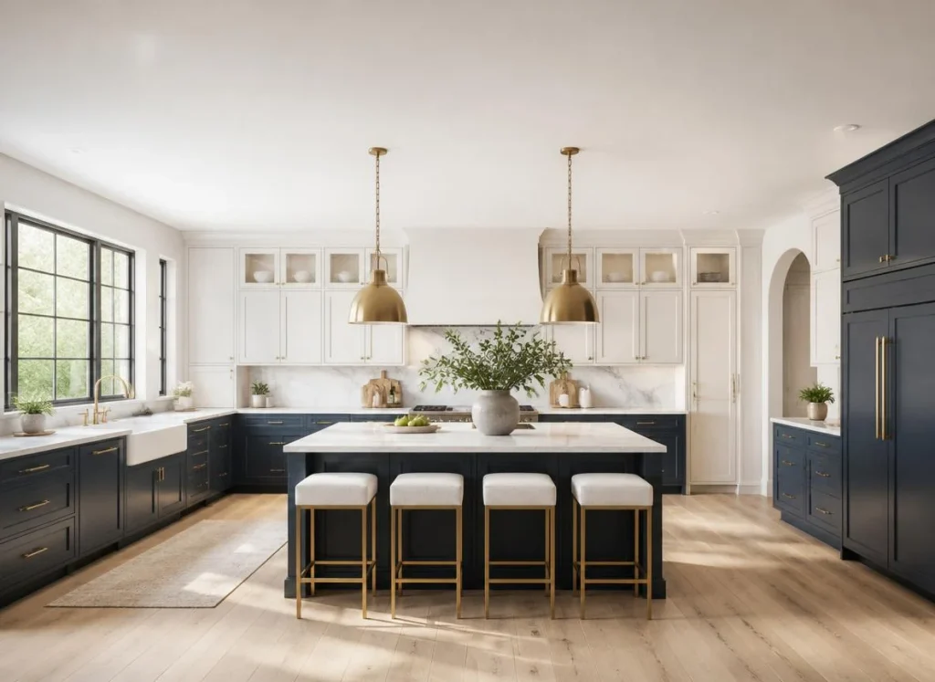 Two-tone kitchen cabinets with navy blue lower cabinets and island, white upper cabinets, brass dome pendants, and white counter stools