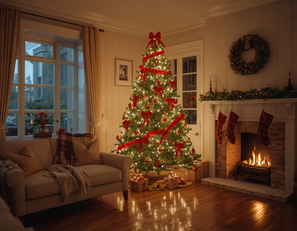 Christmas tree ideas with red velvet bows, red ribbon swags, red and gold ornaments, and warm lights beside a fireplace with plaid stockings