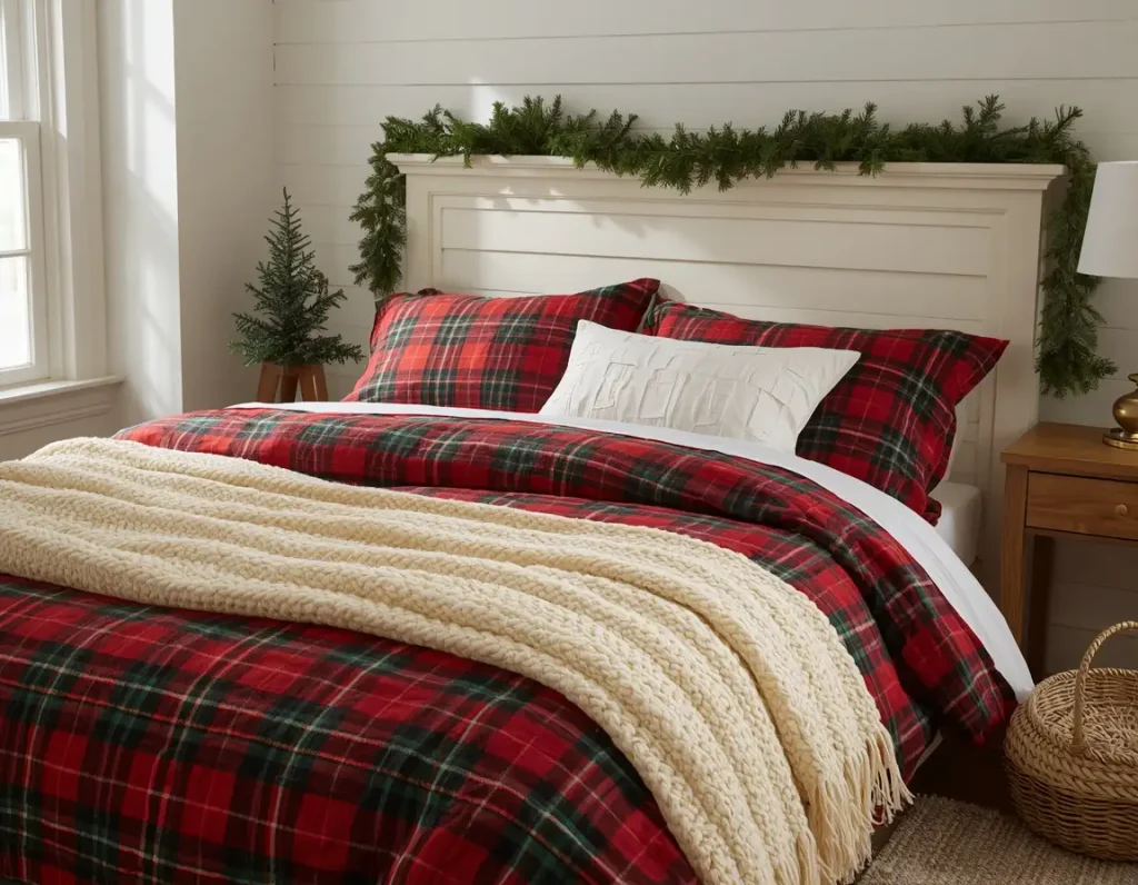 Christmas bedding ideas with red and green tartan flannel sheets, a cream chunky knit throw, and a pine garland on a white headboard