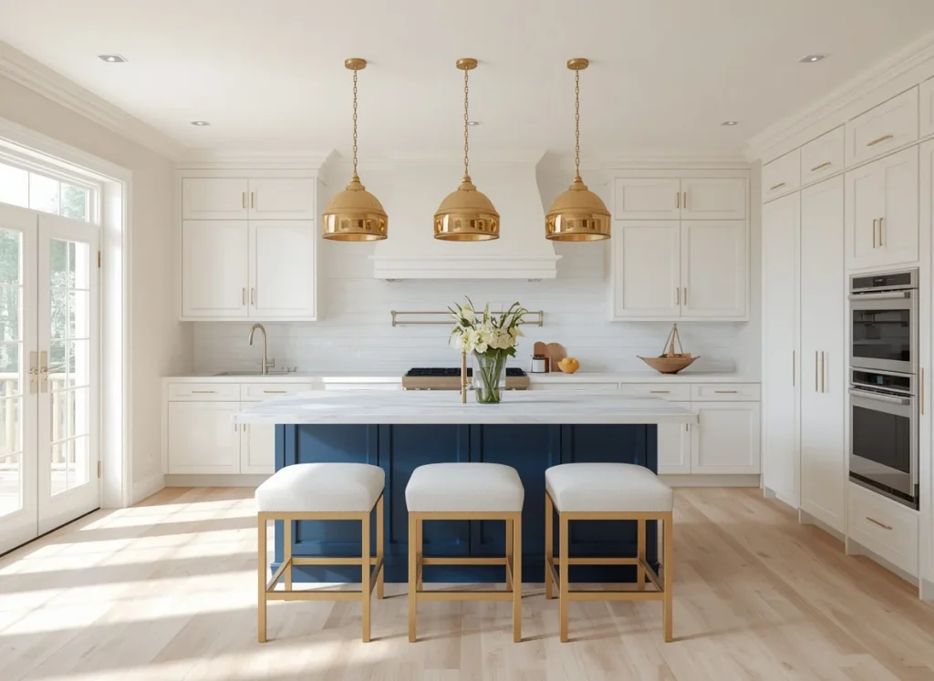 White kitchen cabinets with a navy blue island, a white marble countertop, three brass dome pendants, and white stools with brass frames