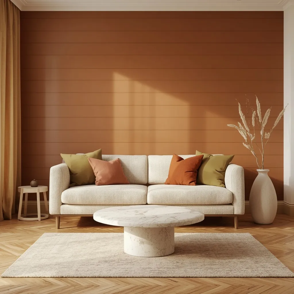 Warm clay ochre horizontal shiplap behind a cream boucle sofa with olive, blush, and rust pillows and a round travertine coffee table