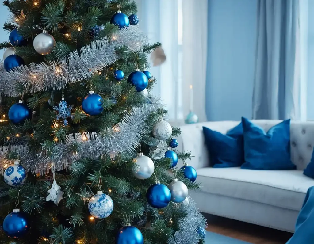 Blue and silver Christmas tree with cobalt and silver ornaments, silver tinsel garland, and blue and white patterned balls in a pale blue room