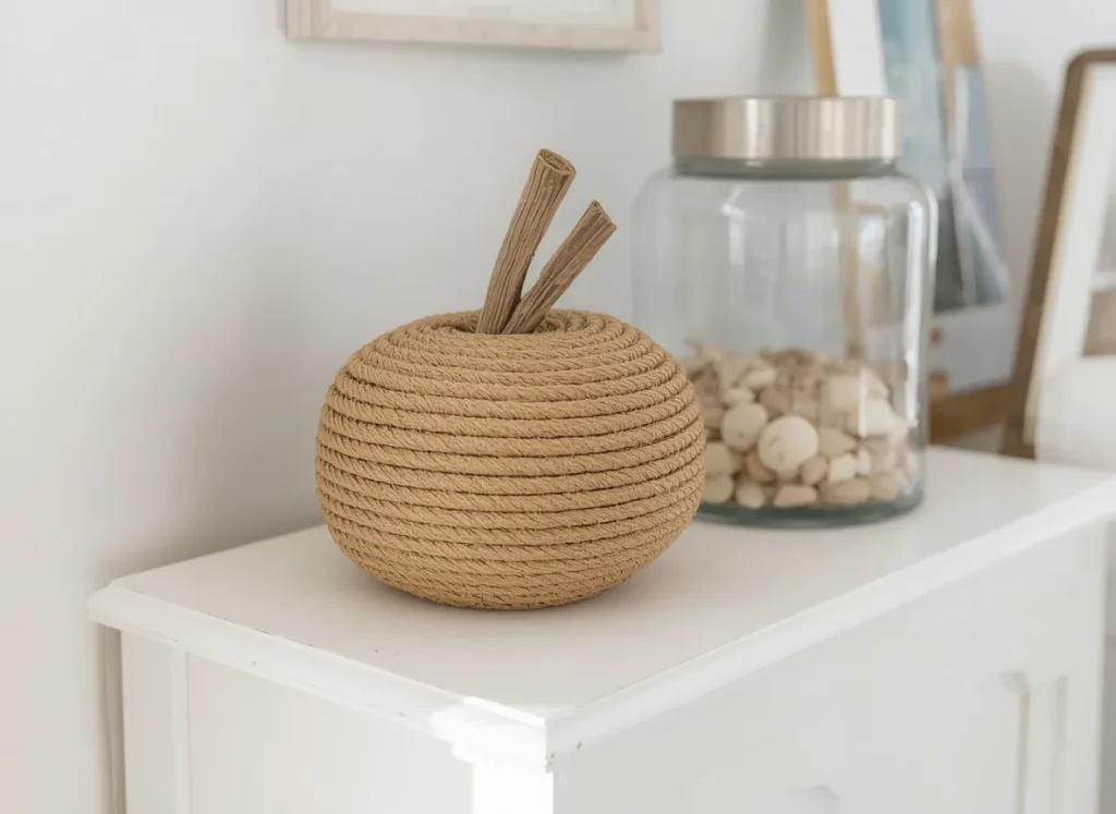 Round pumpkin fully wrapped in coiled tan jute rope with a twisted wood stem on a white cabinet beside a glass jar of shells