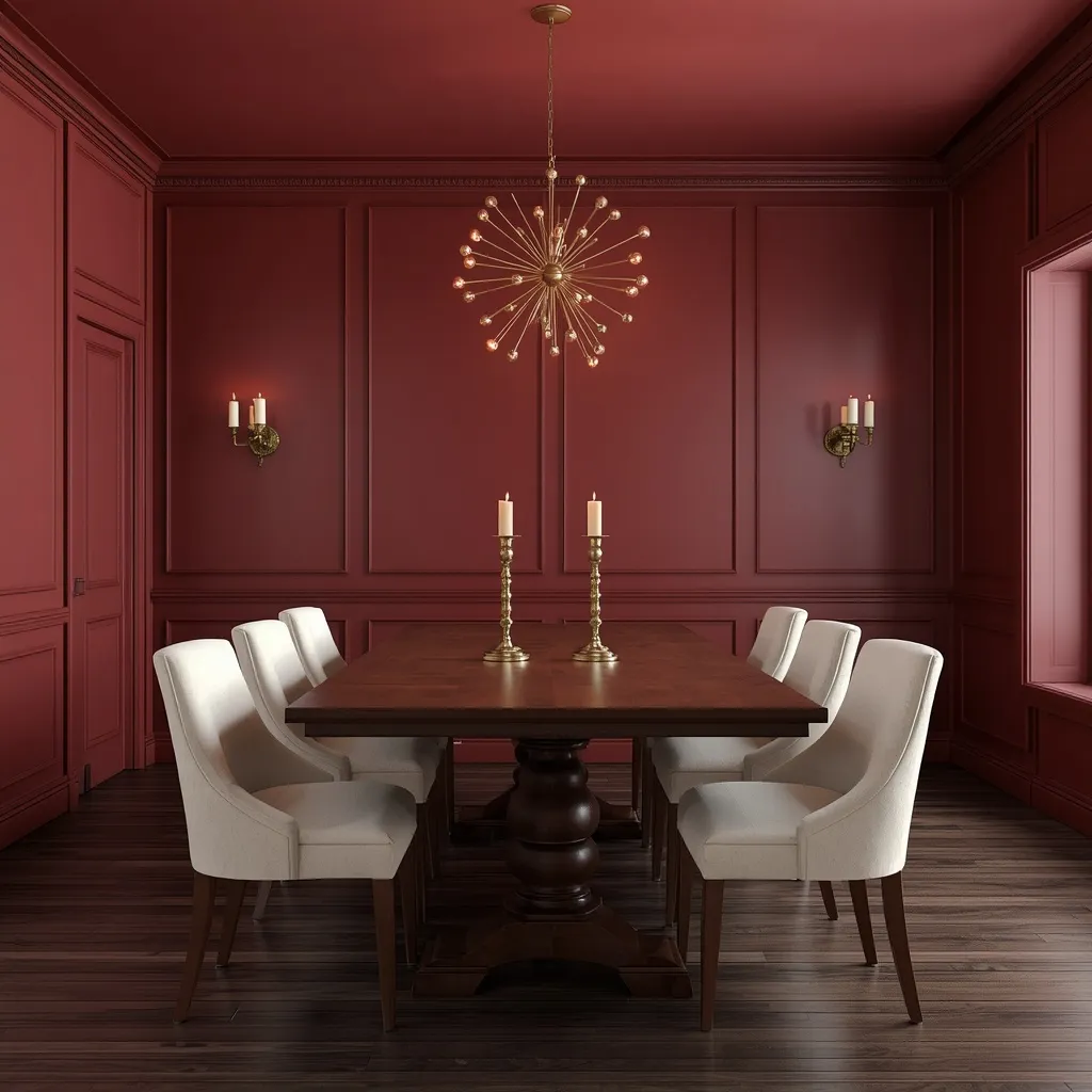 Burgundy paneling covering the walls and ceiling of a dining room, with a brass starburst chandelier and ivory upholstered chairs