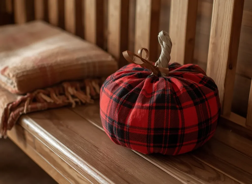 Plastic pumpkin covered in red and black flannel plaid fabric with a twisted cream stem and a brown ribbon on a wooden bench beside a folded blanket
