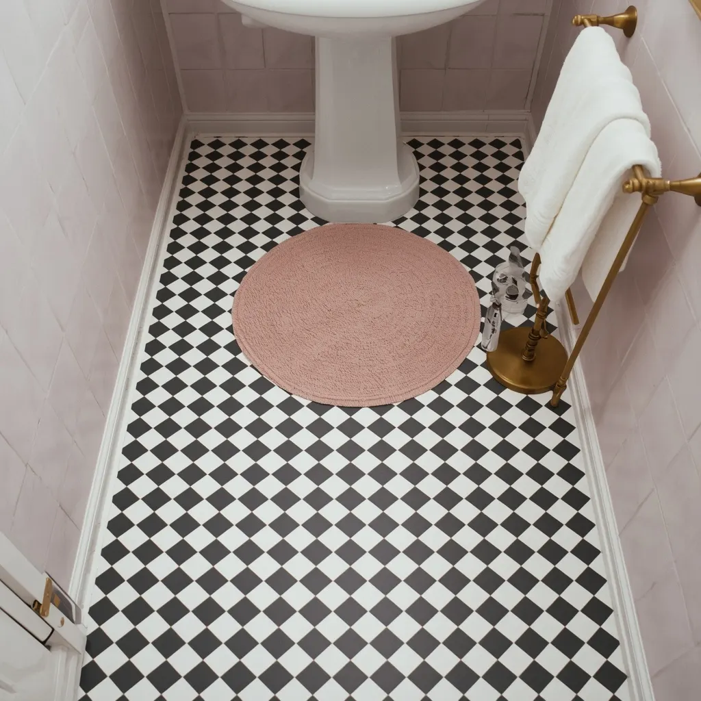 Black and white checkered floor tiles in a small bathroom with a dusty pink round bath mat and a brass towel stand holding white towels