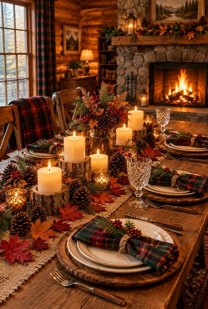 Cabin Thanksgiving table with plaid napkins, wooden chargers, pinecones and maple leaves by a stone fireplace